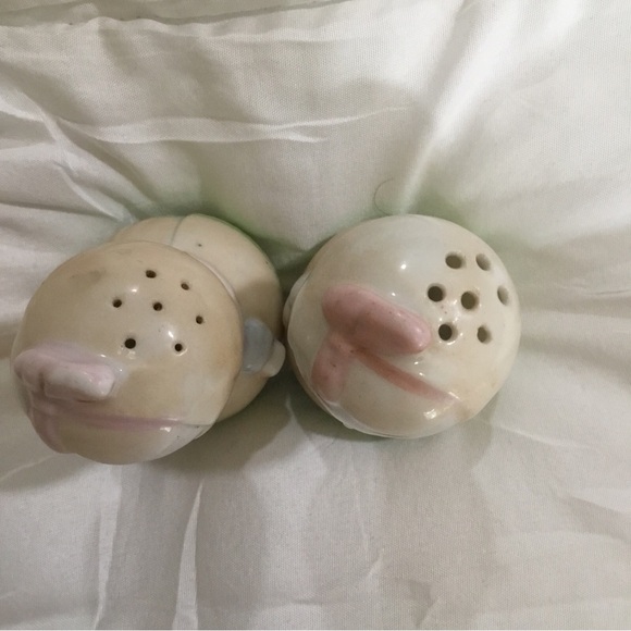 Roly Poly Heart Mouth Green Pink Girls Bows Salt Pepper Shakers Corks Japan VTG - Picture 5 of 8